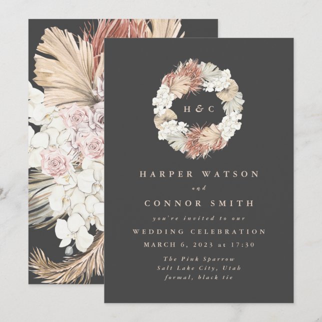 Convites Carvões Monogramas Wreath Pampas Cream Floral (Frente/Verso)