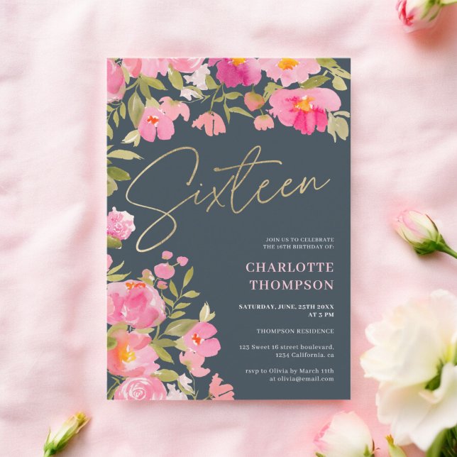 Convites Carvões Vermelhos Rosa Pintados Românticos Doces 1 (Romantic Painted Pink Floral charcoal Sweet 16 Invitation)