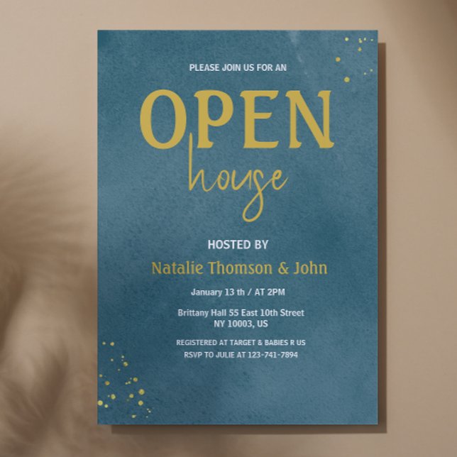 Convites Casa Aberta Azul Marinho com Purpurina Dourada (open House Navy Blue Sprinkle Gold Invitation )