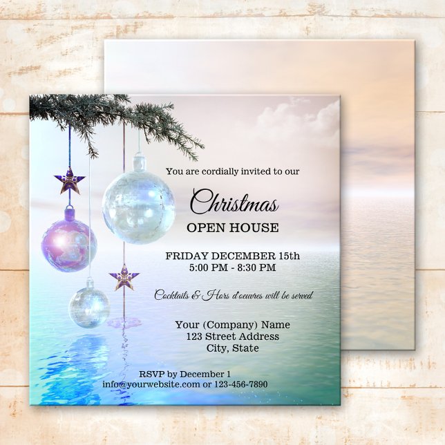 Convites Casa Aberta da Festa de Natal Encantada e Magia (Modern Christmas Holiday party invitation featuring festive sparkling Christmas baubles on an ocean)