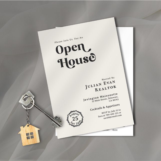 Convites Casa Aberta da Tipografia Chic Preta e Branca (Property Photo Background Typography Open House Invitation)