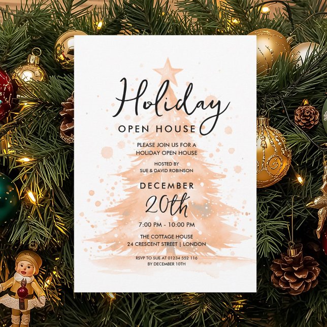 Convites Casa Aberta de Férias Árvore Pintada à Mão em Dour (Holiday Open House Rose Gold Hand Painted Tree Invitation)