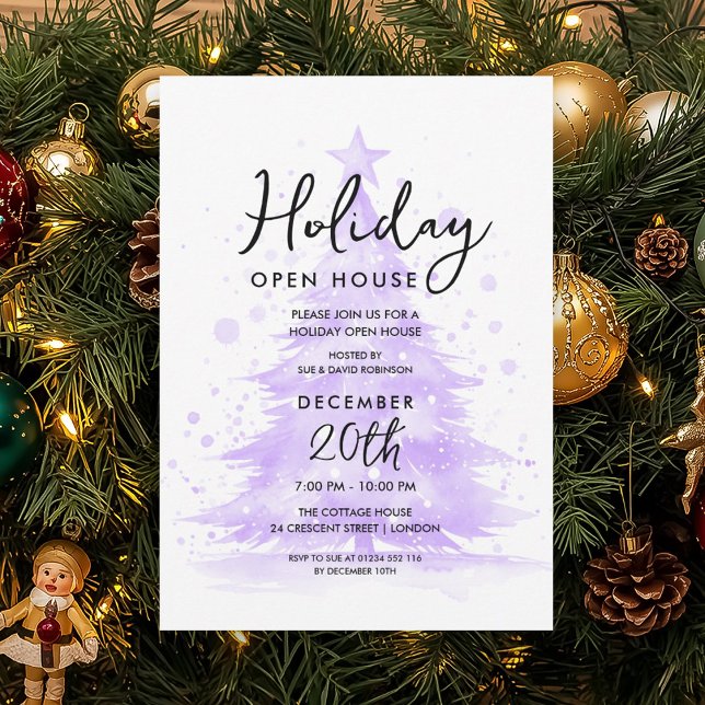 Convites Casa Aberta de Férias Árvore Pintada à Mão Roxa (Holiday Open House Purple Hand Painted Tree Invitation)