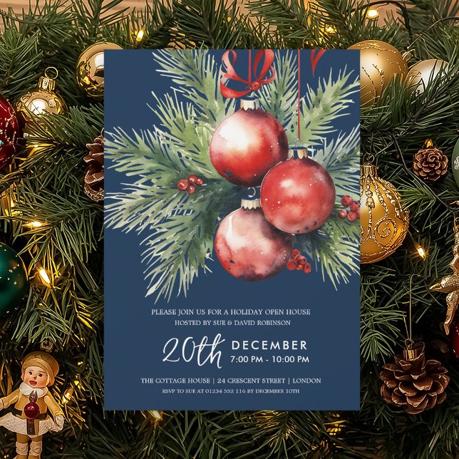Convites Casa Aberta de Férias Bolas Pintadas à Mão Azul Na (Holiday Open House Hand Painted Baubles Navy Blue Invitation)
