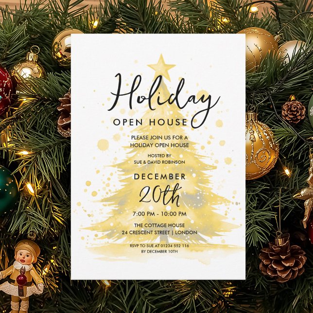 Convites Casa Aberta de Férias Elegante Árvore Pintada à Mã (Elegant Holiday Open House Gold Hand Painted Tree Invitation)