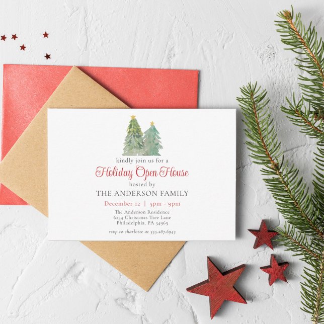 Convites Casa Aberta de Natal Árvore de Natal Aquarela (Criador carregado)