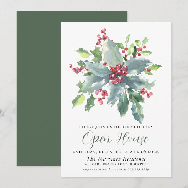 Convites Casa aberta de Natal Clássica Holly Berry Greenery (Frente/Verso)