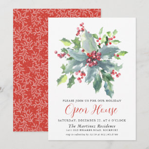 Convites Casa aberta de Natal Clássica Holly Berry Greenery