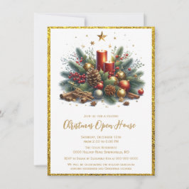 Convites Casa Aberta de Natal com Brilho Dourado Elegante