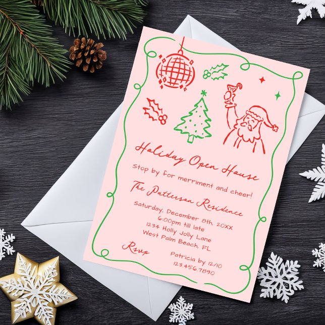 Convites Casa Aberta de Natal com Desenhos à Mão e Rabiscos (Criador carregado)