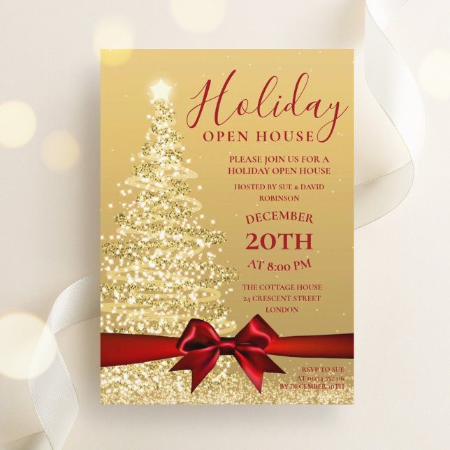 Convites Casa Aberta de Natal da Árvore do Natal Dourada (Gold Xmas Tree Christmas Holiday Open House Invitation)