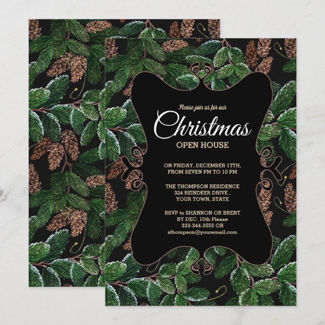 Convites Casa Aberta de Natal Elegante Evergreen (Frente/Verso)