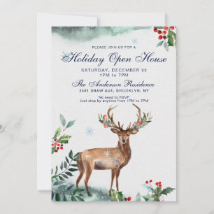 Convites Casa Aberta de Natal Holly Berry Deer