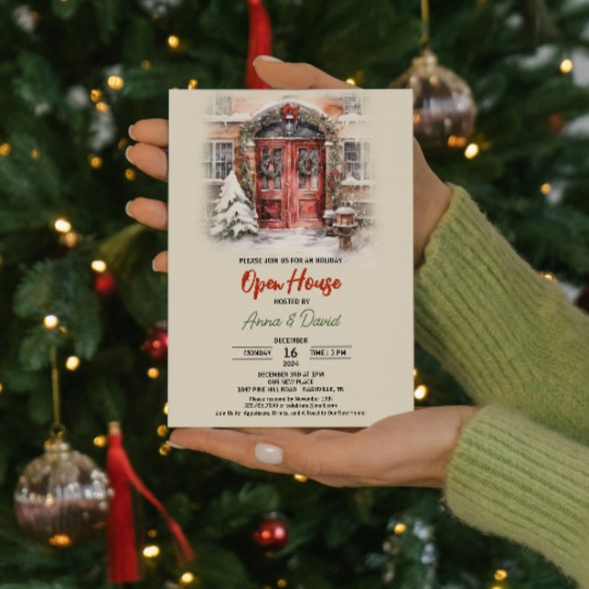 Convites Casa Aberta de Natal Russo com Aquarela (Watercolor Rustic Snow Christmas Open House Invitation, Businesses & Realtors  office parties festiv)