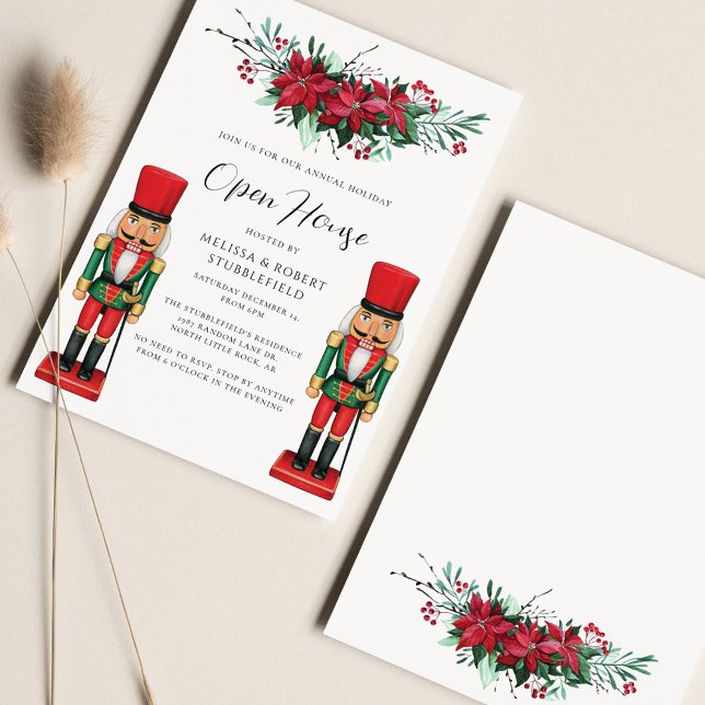 Convites Casa Aberta de Toy Nutcracker da Poinsettia de Nat (Toy Nutcracker Christmas Party Invitation)
