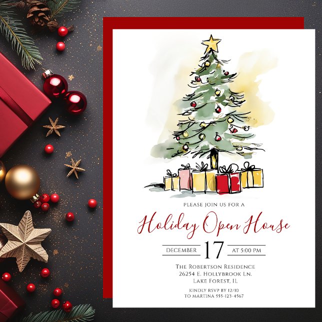 Convites Casa Aberta do Natal com Árvore de Natal em Aquare (Criador carregado)