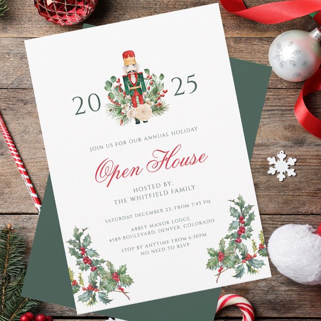 Convites Casa Aberta Festiva de Natal com Quebra-Nozes e Fr (Christmas Holiday Nutcracker Open House Red Berries Party Invitation)