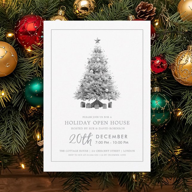 Convites Casa Aberta Formal de Natal Árvore de Prata (Formal Christmas Holiday Open House Silver Tree Invitation)