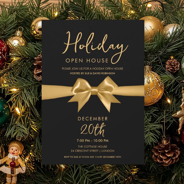 Convites Casa Aberta no Feriado de Natal Arco Dourado Preto (Christmas Holiday Open House Gold Bow Black Invitation)