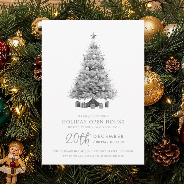 Convites Casa Aberta no Feriado de Natal Árvore de Natal Pr (Christmas Holiday Open House Silver Xmas Tree Invitation)