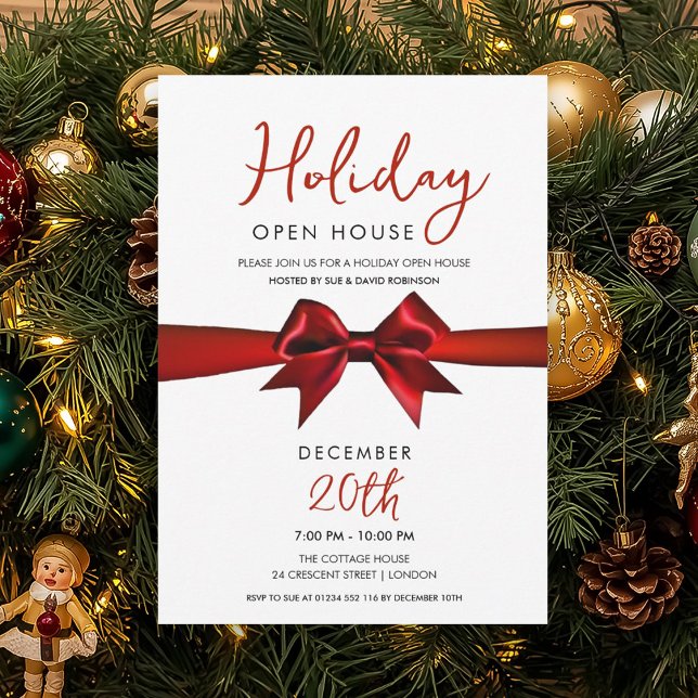 Convites Casa Aberta no Feriado de Natal com Laço Vermelho (Christmas Holiday Open House Red Bow Invitation)