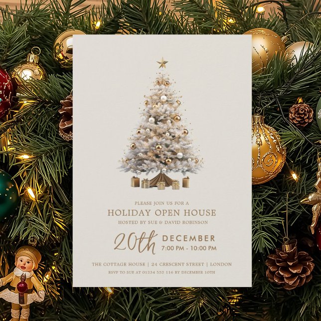 Convites Casa Aberta no Natal Árvore de Natal Dourada  (Christmas Holiday Open House Gold Xmas Tree Invitation)