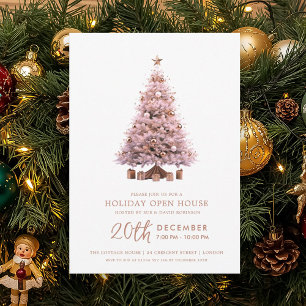 Convites Casa Aberta no Natal Árvore de Natal Dourado Rosa
