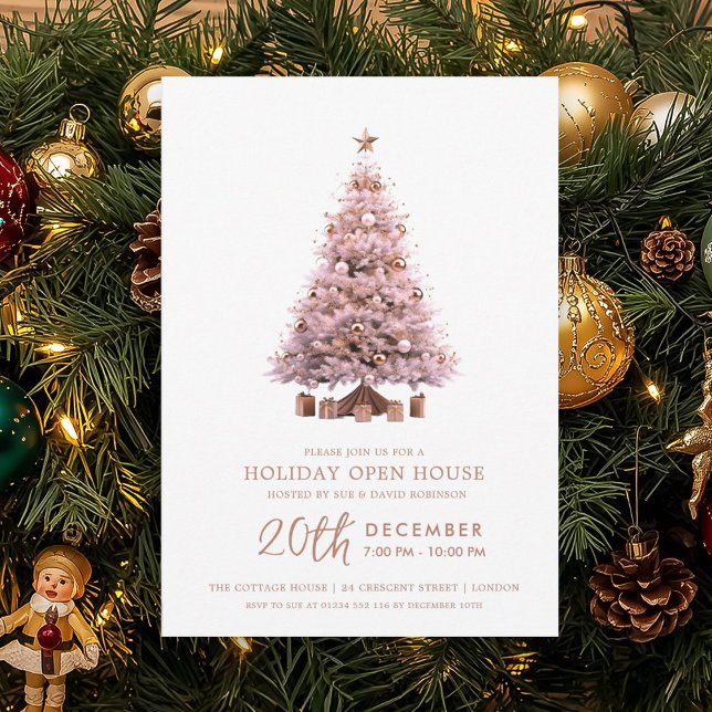 Convites Casa Aberta no Natal Árvore de Natal Dourado Rosa  (Christmas Holiday Open House Rose Gold Xmas Tree Invitation)