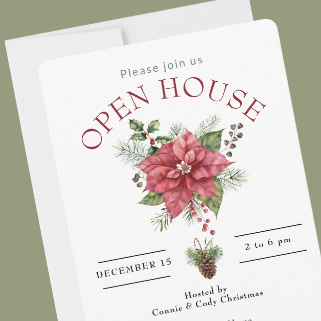 CONVITES CASA ABERTA POINSETTIA VERMELHA DE NATAL (Holiday Open House Invitations)
