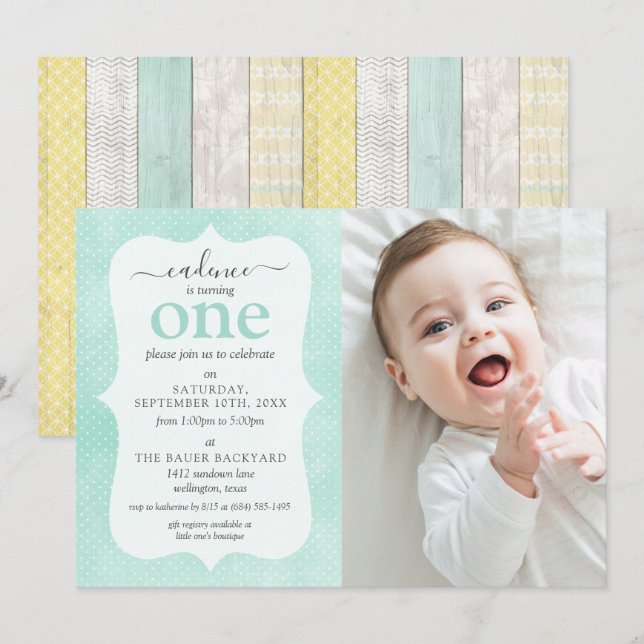 Convites Casa Amarela e Hortelã Geométrico em Madeira Rústi (Frente/Verso)