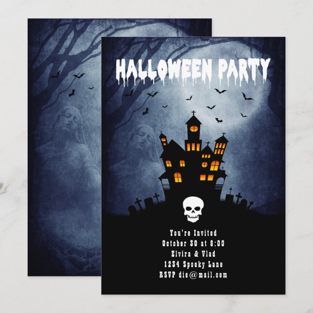 Convites Casa Assaltada Spooky com Espírito Azul (Frente/Verso)