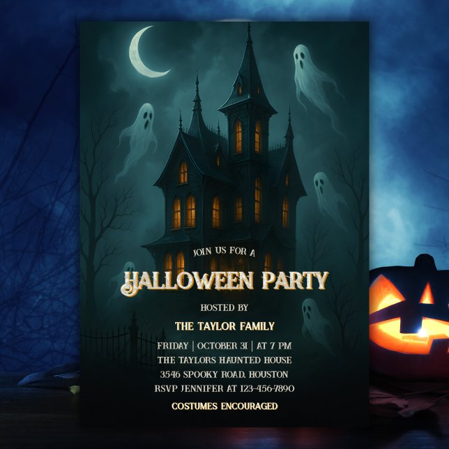 Convites Casa Assombrada Festa de Fantasmas Fantasmas do Ha (Haunted House and Ghosts Halloween Party Invitation Spooky Full Moon Night Costume Party)