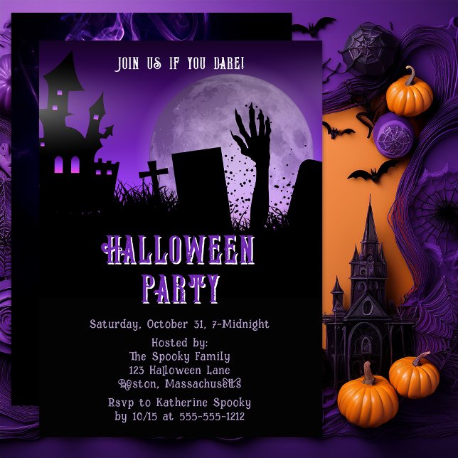 Convites Casa Assombrada Festa de Halloween Lua Roxa Zumbi (Haunted house Halloween invitation with purple moon and spooky graveyard scene.)