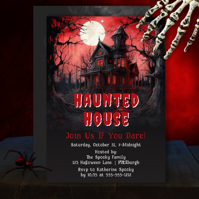 Convites Casa Assombrada Halloween Sinistro  Floresta Gótic (Haunted house invitation with eerie red moon and gothic Halloween atmosphere.)