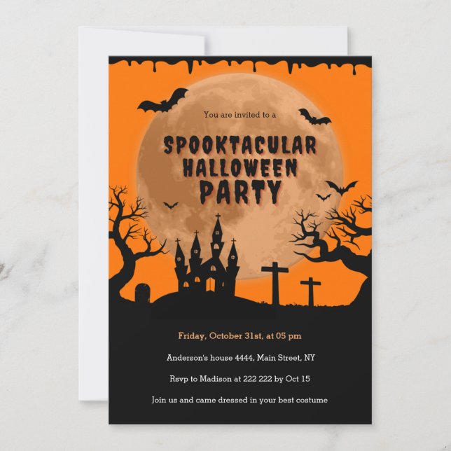 Convites Casa Assombrada Laranja Lua Halloween (Frente)