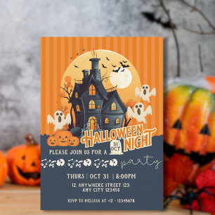 Convites Casa Assombrada Moderna de Halloween Preta e Laran