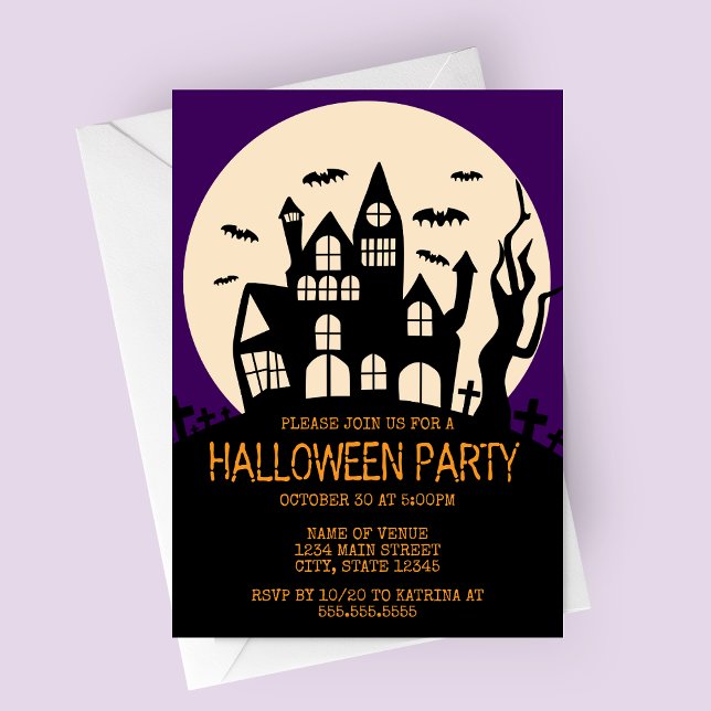Convites Casa assombrada no Halloween (Haunted House on a Hill with Purple Sky Halloween Party Invitation)