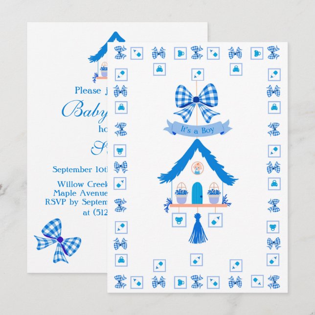 Convites Casa Azul Personalizada É um Chá de fraldas (Frente/Verso)