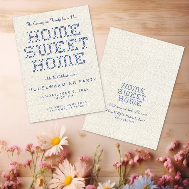 Convites Casa Cruzada, Casa Doce, Azul (Rustic and Charming Faux Cross stitch Home Sweet Home Blue Housewarming Invitation)