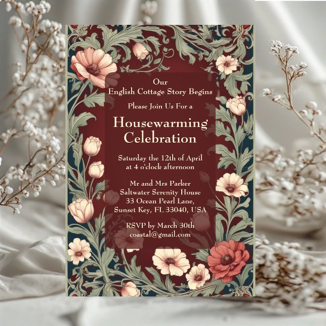 Convites Casa de Campo Inglesa William Morris Marrom Aqueci (English Cottage William Morris Styled Housewarming Invitation)