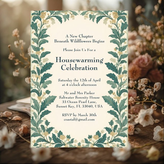 Convites Casa de Campo Rústica William Morris Aquecimento d (Rustic Cottagecore William Morris Art Housewarming Invitation)
