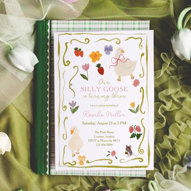 Convites Casa de Campo Xadrez Aniversário Silly Goose (Silly Goose Girls Birthday Invitation)