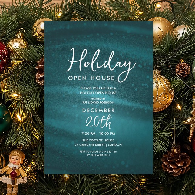 Convites Casa de Férias Elegante Open House Brilho Azul Gla (Elegant Holiday Open House Teal Sparkle Glam Invitation)