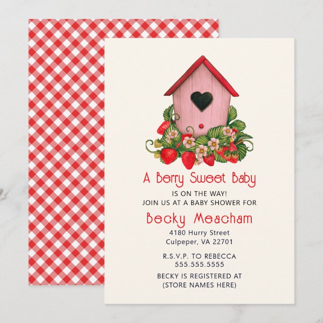 Convites Casa de passarinho fofa em aquarela com morangos (Frente/Verso)