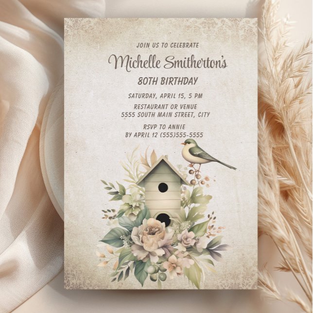 Convites Casa de pássaros Botânica Natureza 80º Aniversário (Rustic, vintage birdhouse women's 80th birthday party invitation)