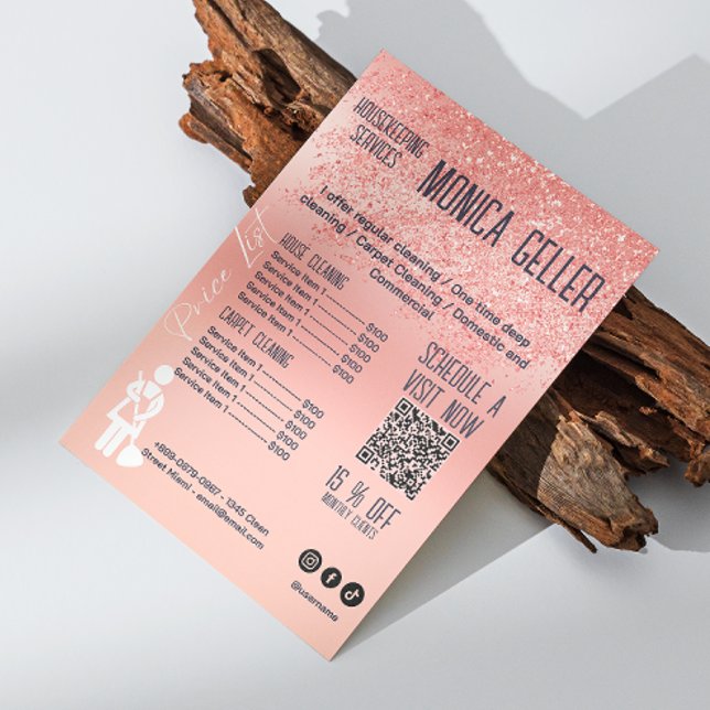 Convites Casa Mantendo Rosa de Preço Maid Dourado Blush Qr  (House Keeping Maid Price Rose Gold Blush Qr Code Invitation)