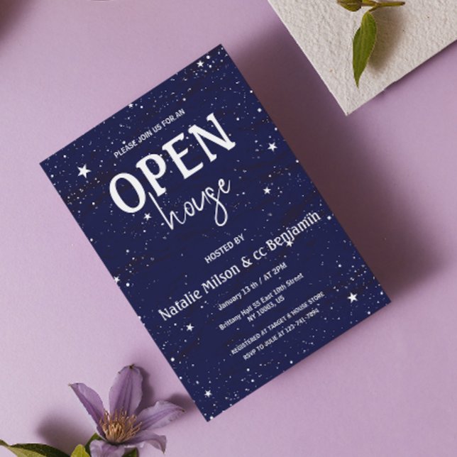 Convites Casa Moderna Azul Marinho Estrelas Inauguração  (Modern Open House Navy Blue Stars Housewarming Invitation chic elegant sky stars holiday blue white )