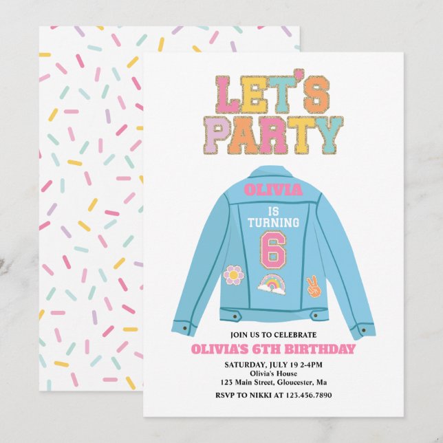 Convites Casaco de jeans Preppy Patch de 6º aniversário (Frente/Verso)
