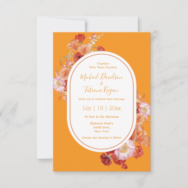 Convites casado chic floral vermelho-alaranjado (Frente)