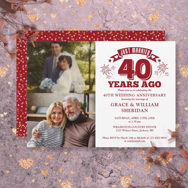 Convites Casados ​​há pouco tempo Ruby 40º aniversário de c (Just Married Ruby 40th Wedding Anniversary 2 Photo Invitation)